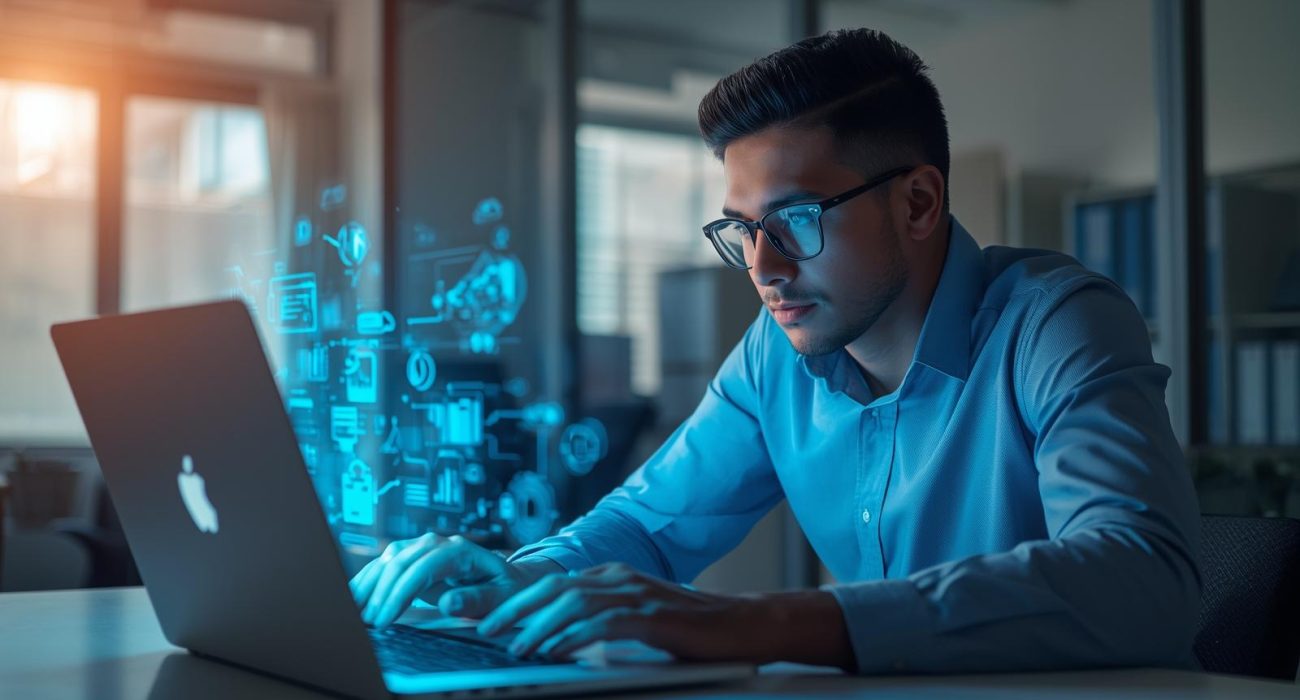 “Business owner using AI tools to automate and grow their business.”